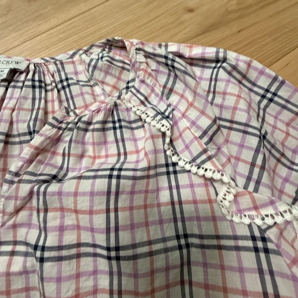 J. Crew Plaid Ruffled Balloon Sleeve Top Womens‎ Medium Pink Purple Crochet Trim